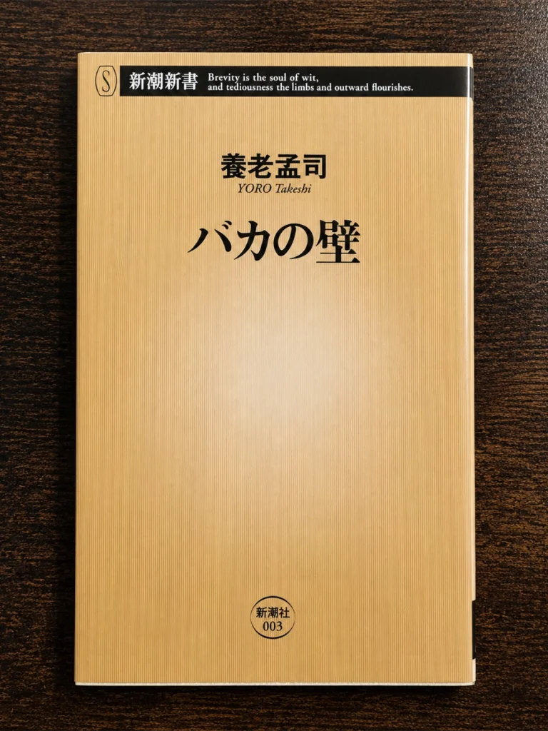 養老孟司著『バカの壁』の本を木目の上に置いて撮影した写真