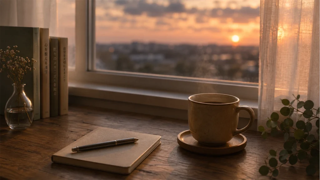 夕方の窓辺に置かれたノートとコーヒー、心を落ち着ける静かな風景