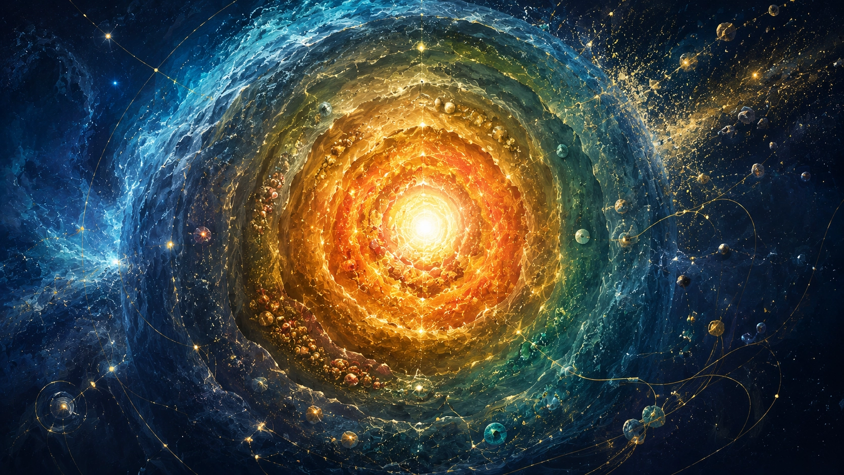 星の終わりに放出された元素が宇宙へ広がり、次の星や惑星の材料になることを表したコンセプトアート