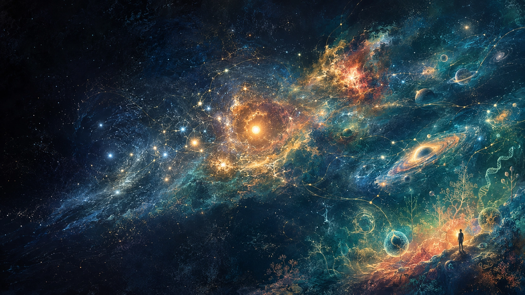 初期宇宙から星の誕生と元素の生成を経て、生命の材料が生まれる流れを表したコンセプトアート
