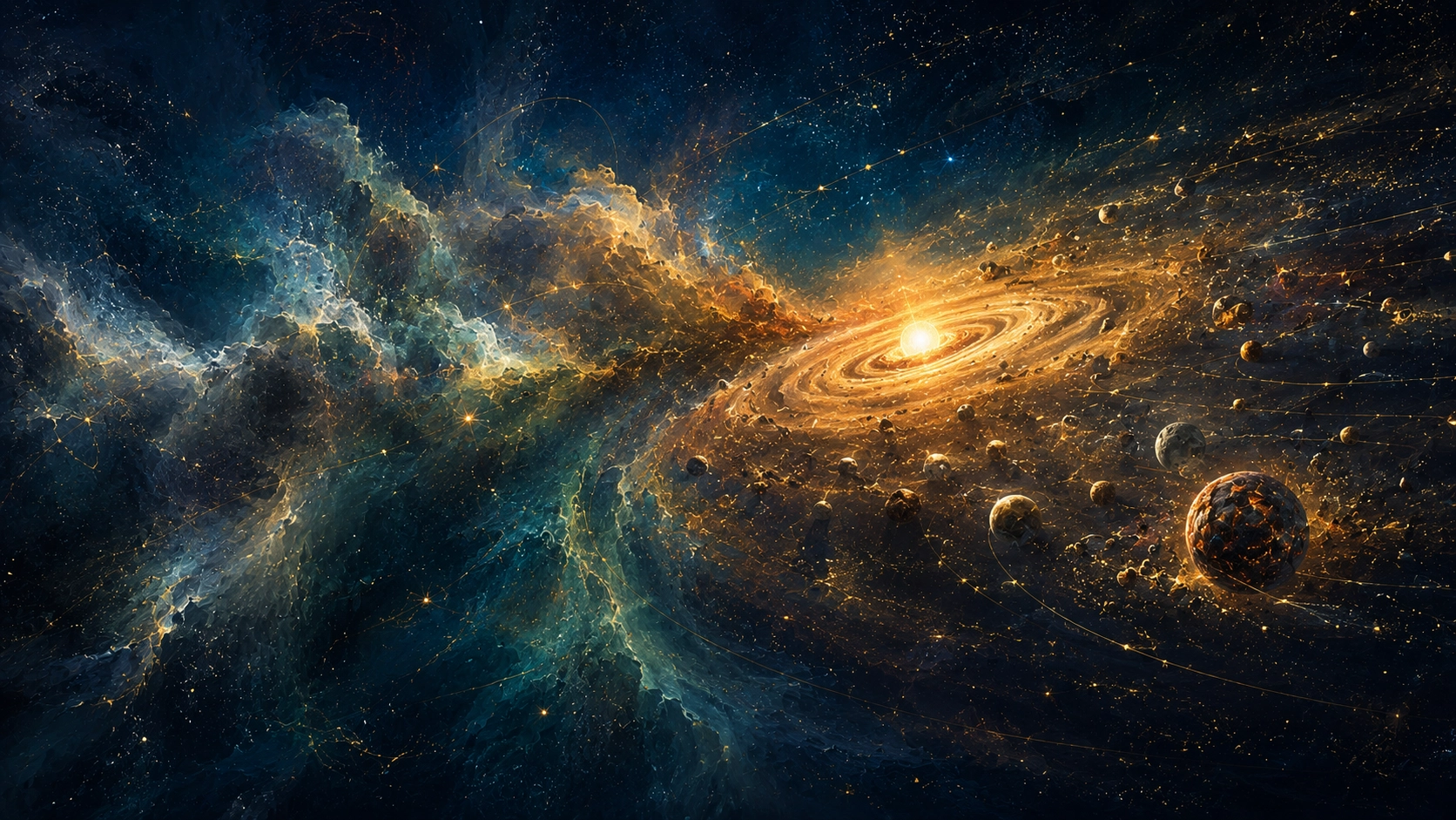 若い太陽を囲む原始惑星系円盤の中で、惑星の材料が集まっていく様子を表したコンセプトアート