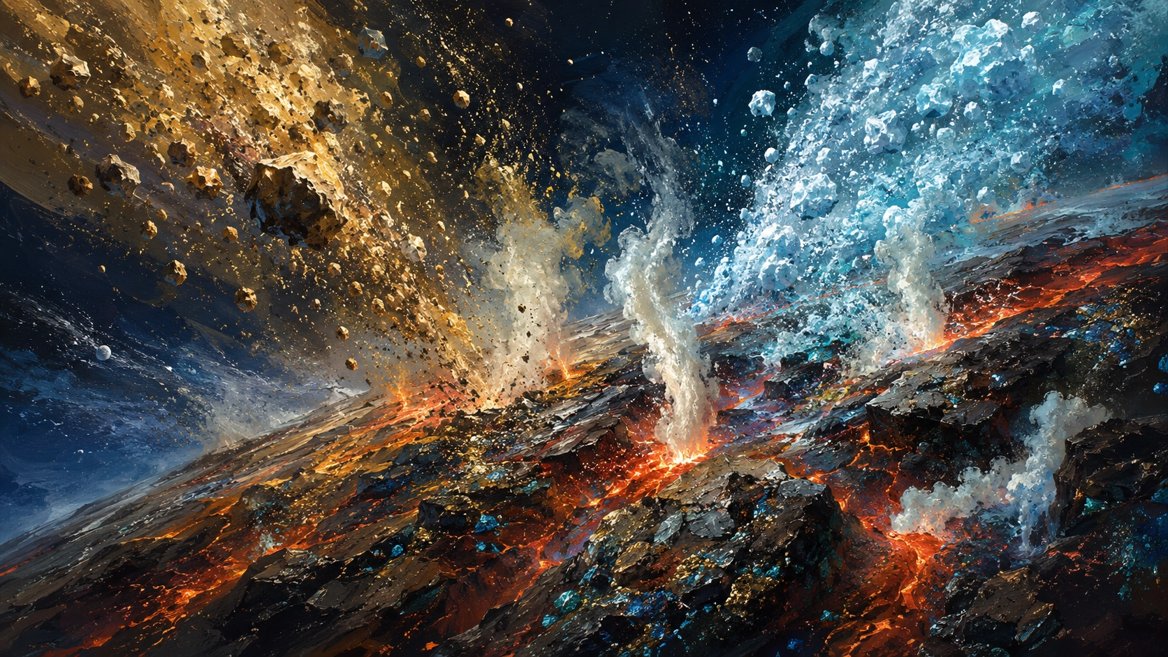 若い地球へ、地球の材料、小惑星、彗星など複数の経路から水の材料が集まる様子を表したコンセプトアート