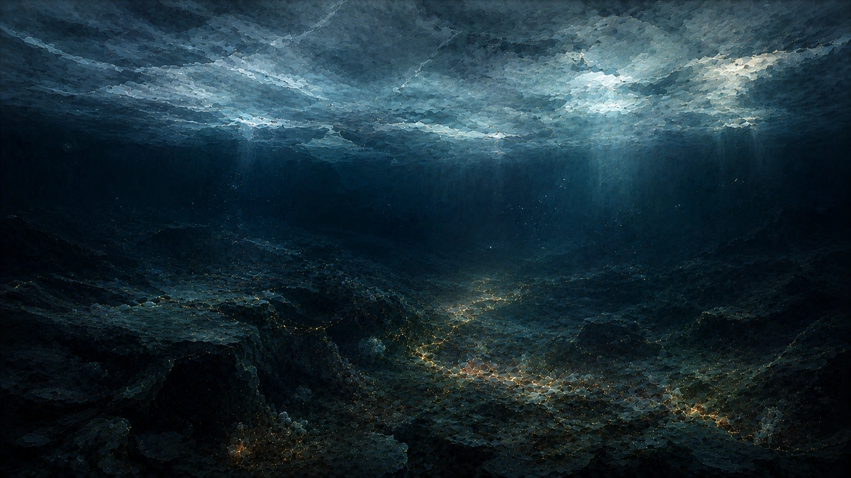 厚い氷に覆われた暗い海の奥に、わずかに残る生命の気配を描いたコンセプトアート