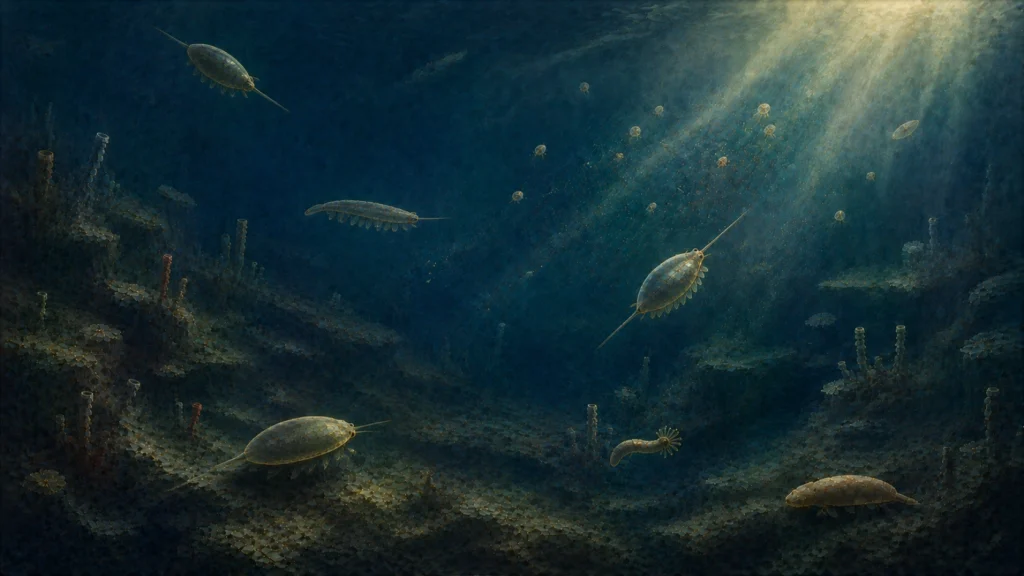カンブリア紀の海で、異なる身体を持つ生命が互いを感じ、それぞれ異なる方向へ動き始める様子