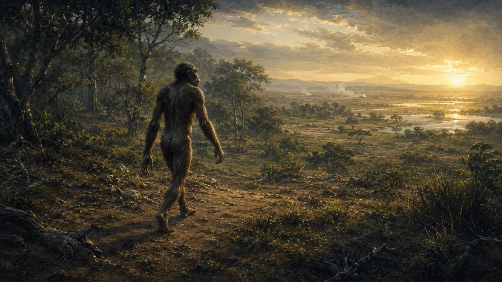 広い古代アフリカの大地を二本の足で歩く初期人類を描いた生命史の風景