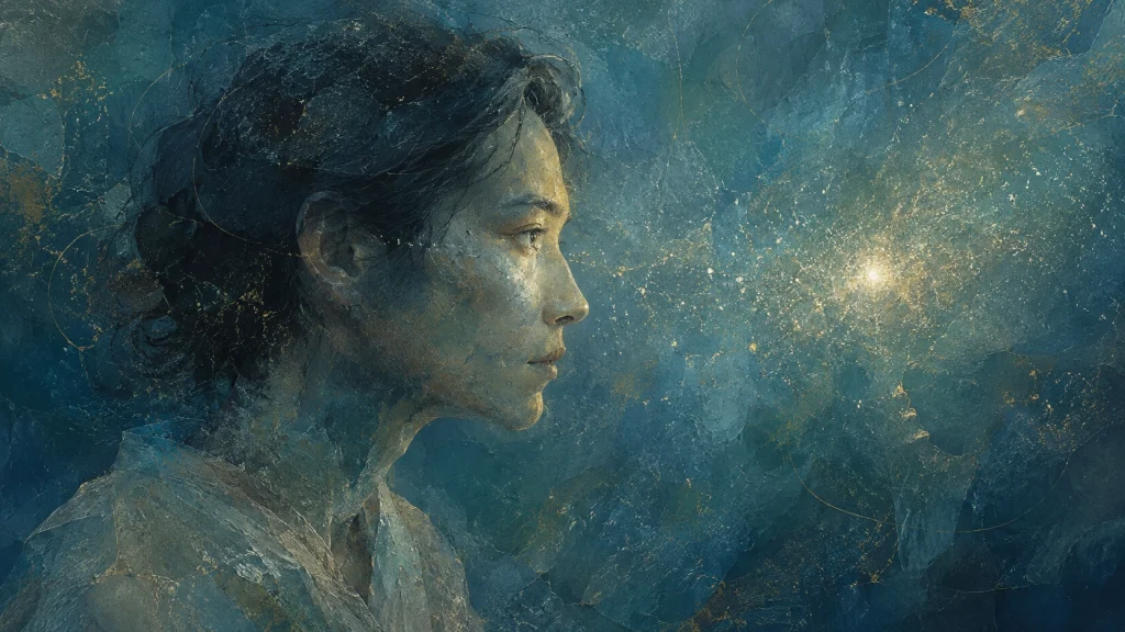 横顔を見せる人物の視線が画面の一点へ強く向けられ、周囲に散らばる光の粒子がその一点へ緩やかに引き寄せられている、注意が一点から離れられなくなっている様子を象徴的に表現したイメージ