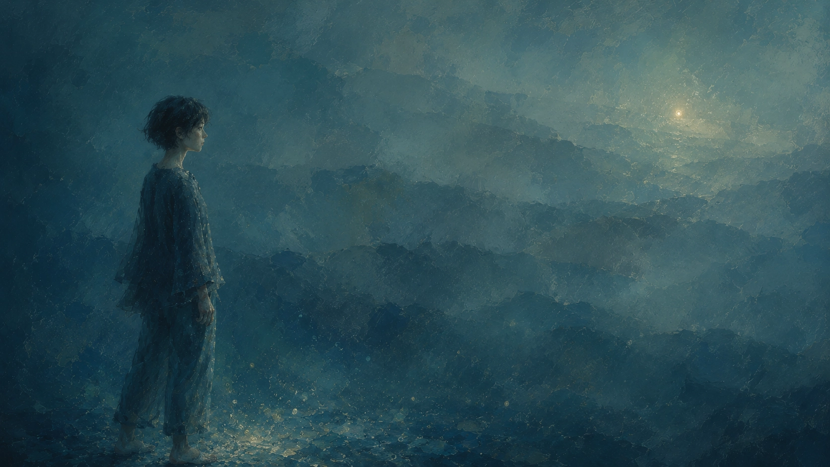 少し離れた場所の光を見つめる人物と、その間に横たわる淡い影のような層が描かれ、進む先の価値と乗り越えるべき労力を静かに見比べている様子を象徴的に表現したイメージ