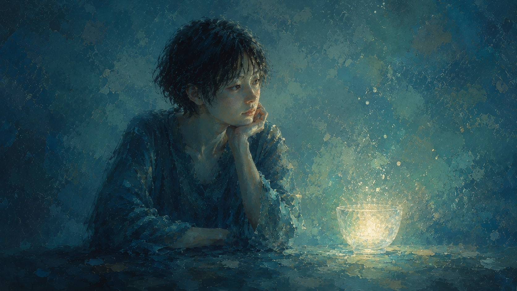 人物のかたわらに、空になっていく印象を与えない、静かにそこに留まり続ける光の器のようなものが描かれ、減っていくと思われていたものが実は形を変えずに残っている様子を象徴的に表現したイメージ