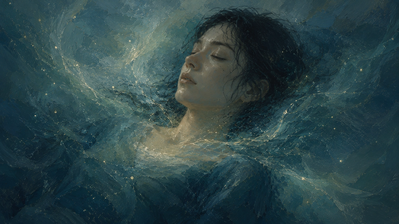 静かに眠る人物の周囲を、淡く澄んだ流れがゆっくりと通り抜けていく、眠りの中で静かに洗い流されていく様子を象徴的に表現したイメージ