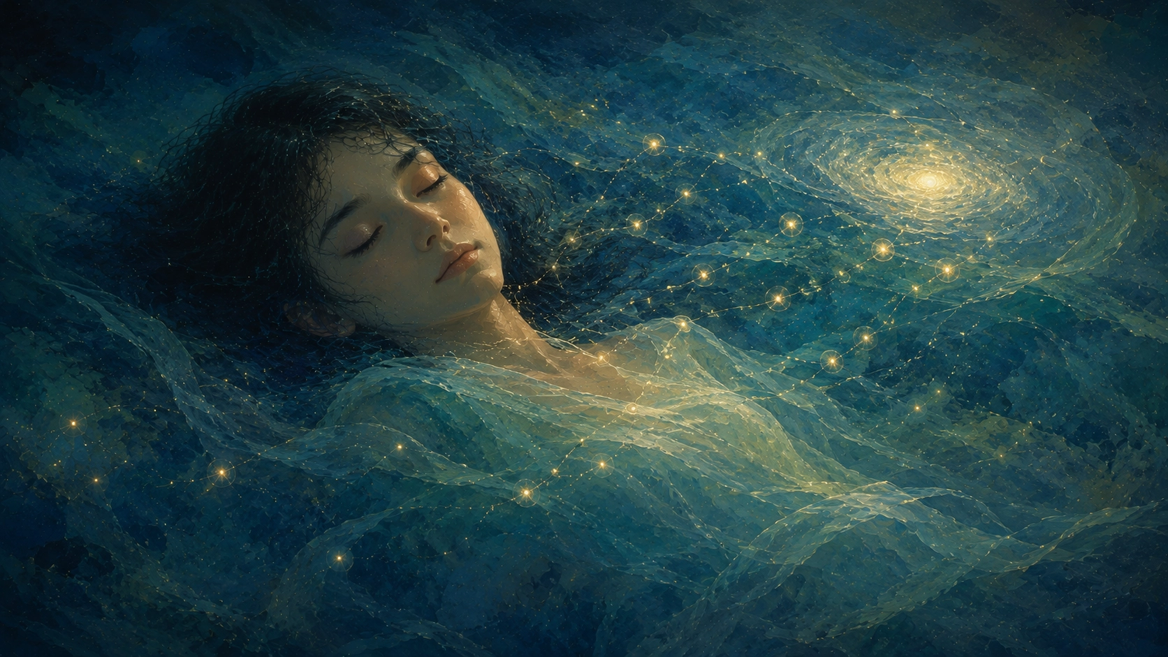 静かに眠る人物の近くで、小さな光の粒がより大きな落ち着いた光の場所へゆっくりと移っていく、経験が静かに新しい形へ移し替えられていく様子を象徴的に表現したイメージ
