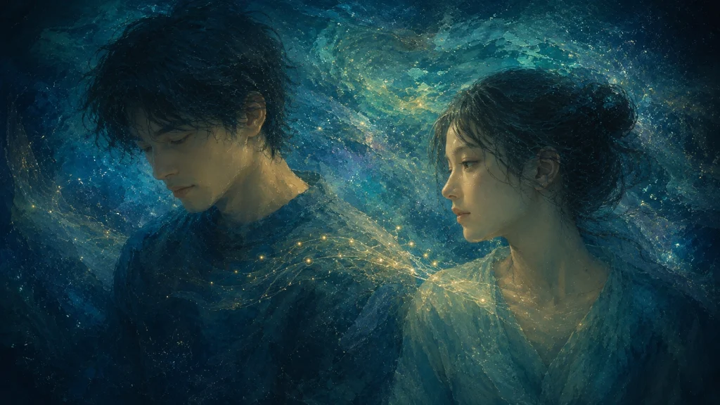 寄り添うように近くにいる二人の人物のあいだを、淡い光の粒子が静かに伝わっていく、他者の存在によって身体が静かに調整されている様子を象徴的に表現したイメージ