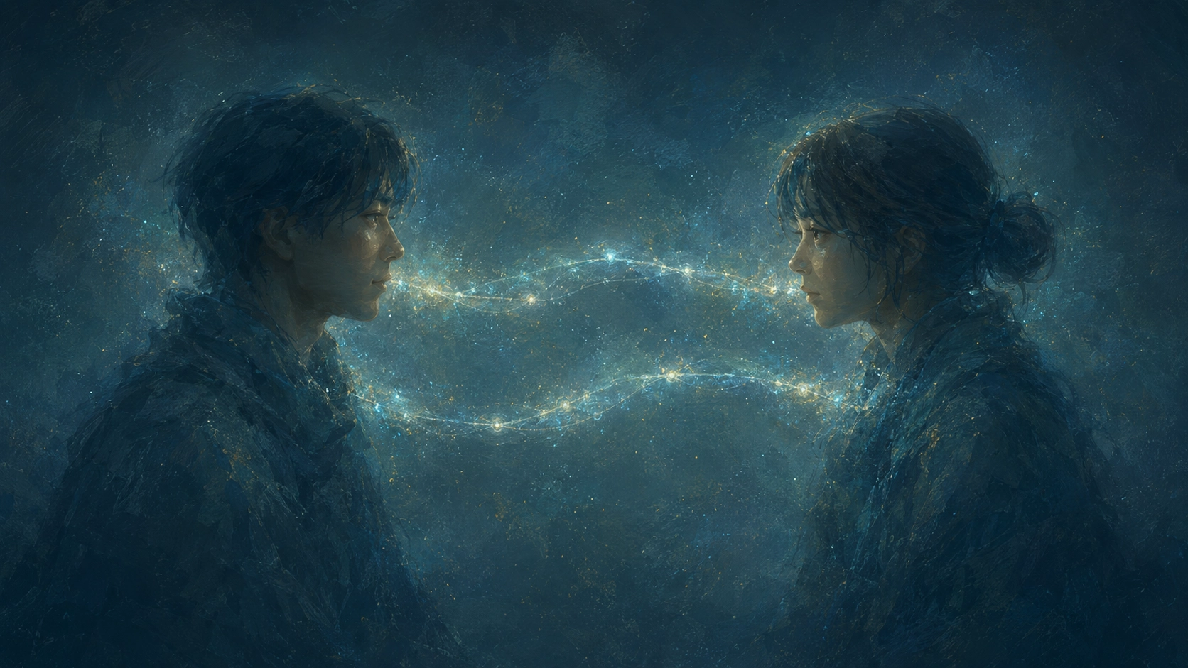 向き合う二人の人物のあいだを、淡い光の線が一度きりではなく往復するように行き来している、繰り返し向き合い続ける関係が協力を支えている様子を象徴的に表現したイメージ