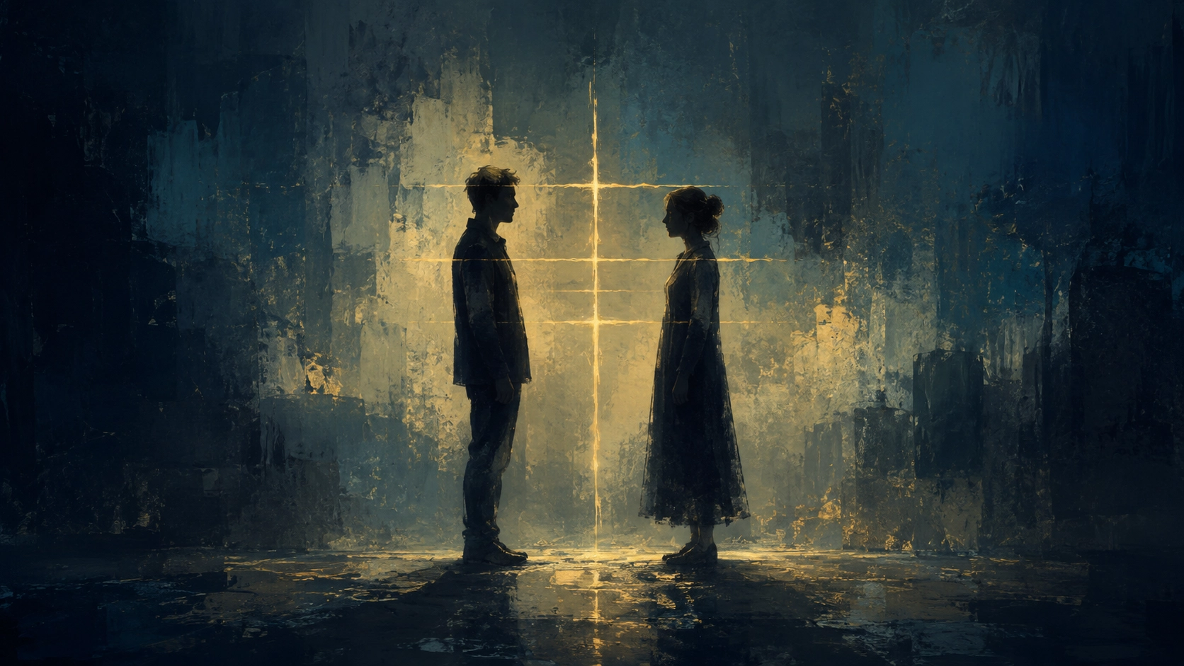 向き合う2人の人物の間に、お互いの輪郭を測るような細い光の線が走っている様子