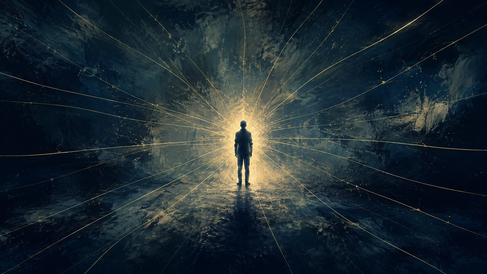 一人の人物に周囲から視線のような光が集中し、その輪郭がわずかに波打っている様子