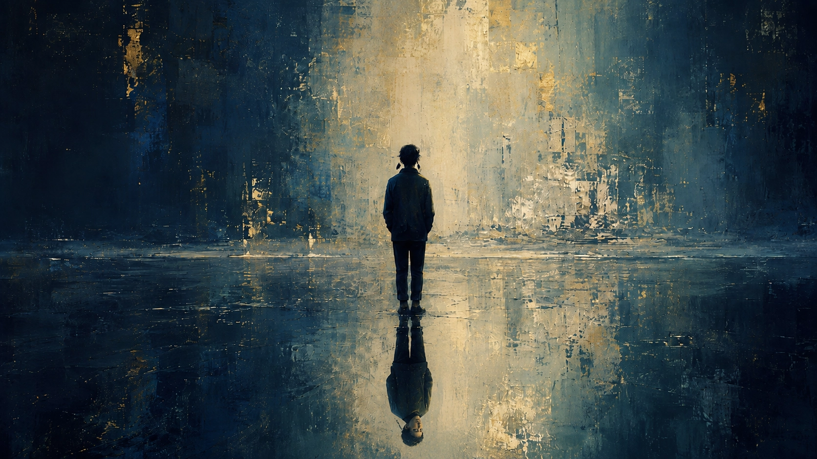 一人の人物が、足元の静かな水面に映る、わずかに向きの異なる自分自身の姿を見つめている様子