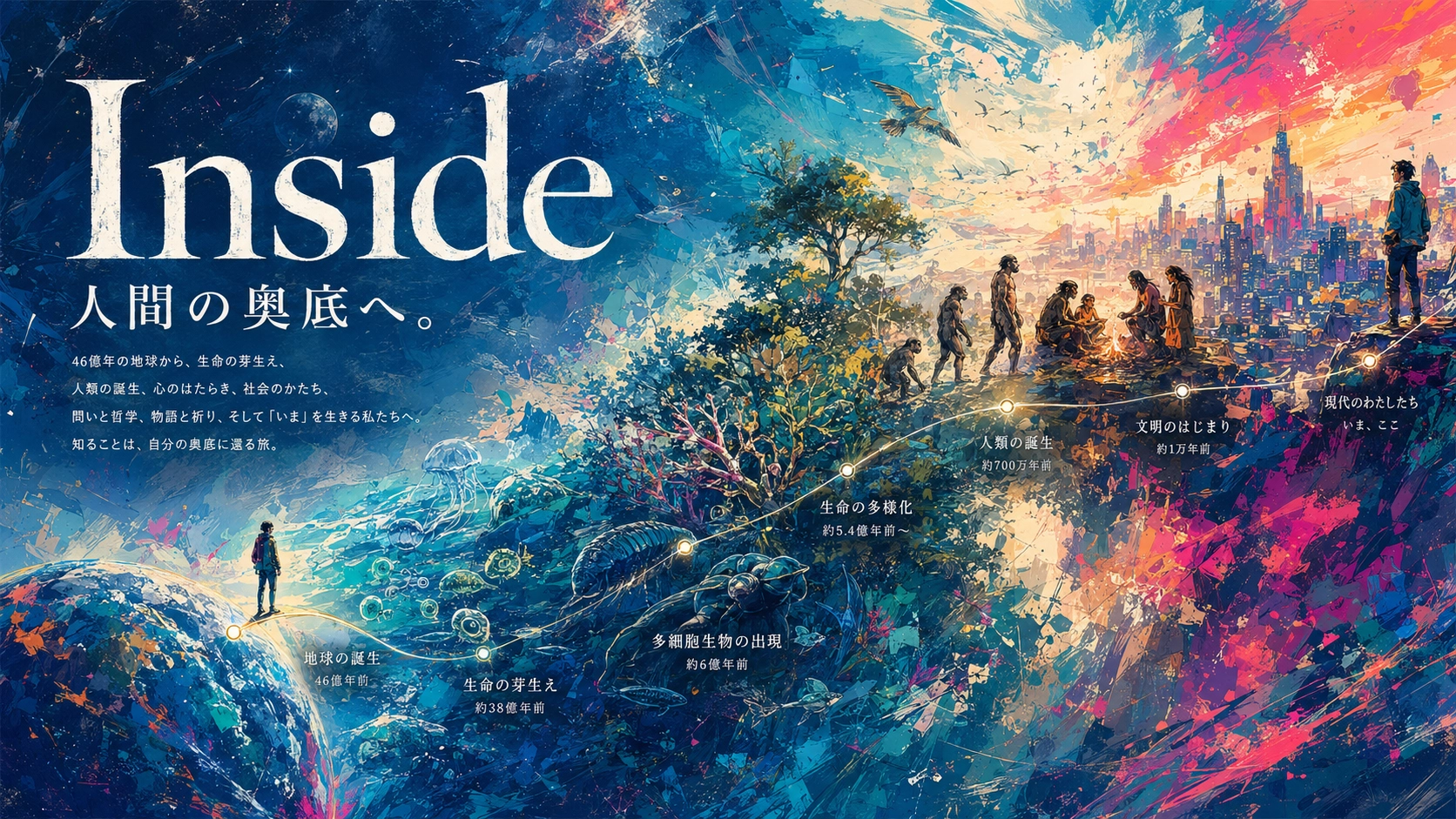 Inside 人間の奥底へ。地球の誕生から生命、人類、文明、現代までをつなぐ探究の旅を描いたイラスト