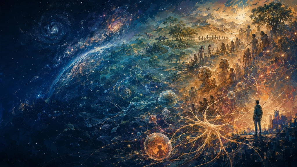 現在の人間から生命、地球、宇宙へと時間をさかのぼる物語を表したコンセプトアート