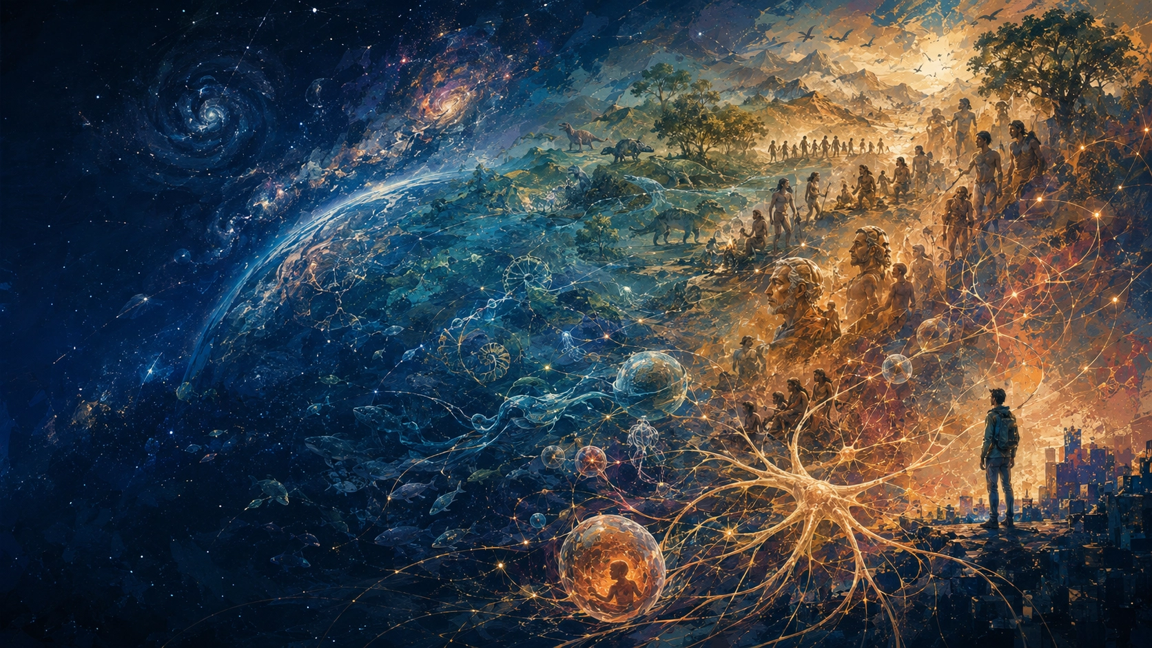 現在の人間から生命、地球、宇宙へと時間をさかのぼる物語を表したコンセプトアート