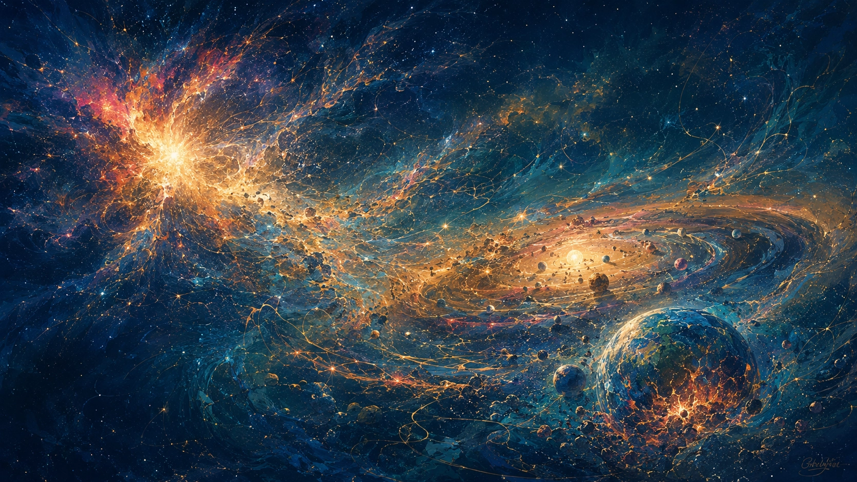 星から広がった物質が太陽系と地球へつながる時間を表したコンセプトアート