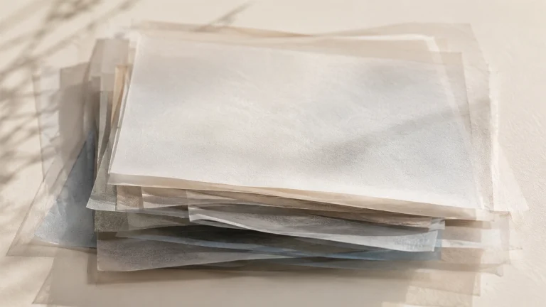 やわらかな光の中で、半透明の紙が何枚も重なっている様子