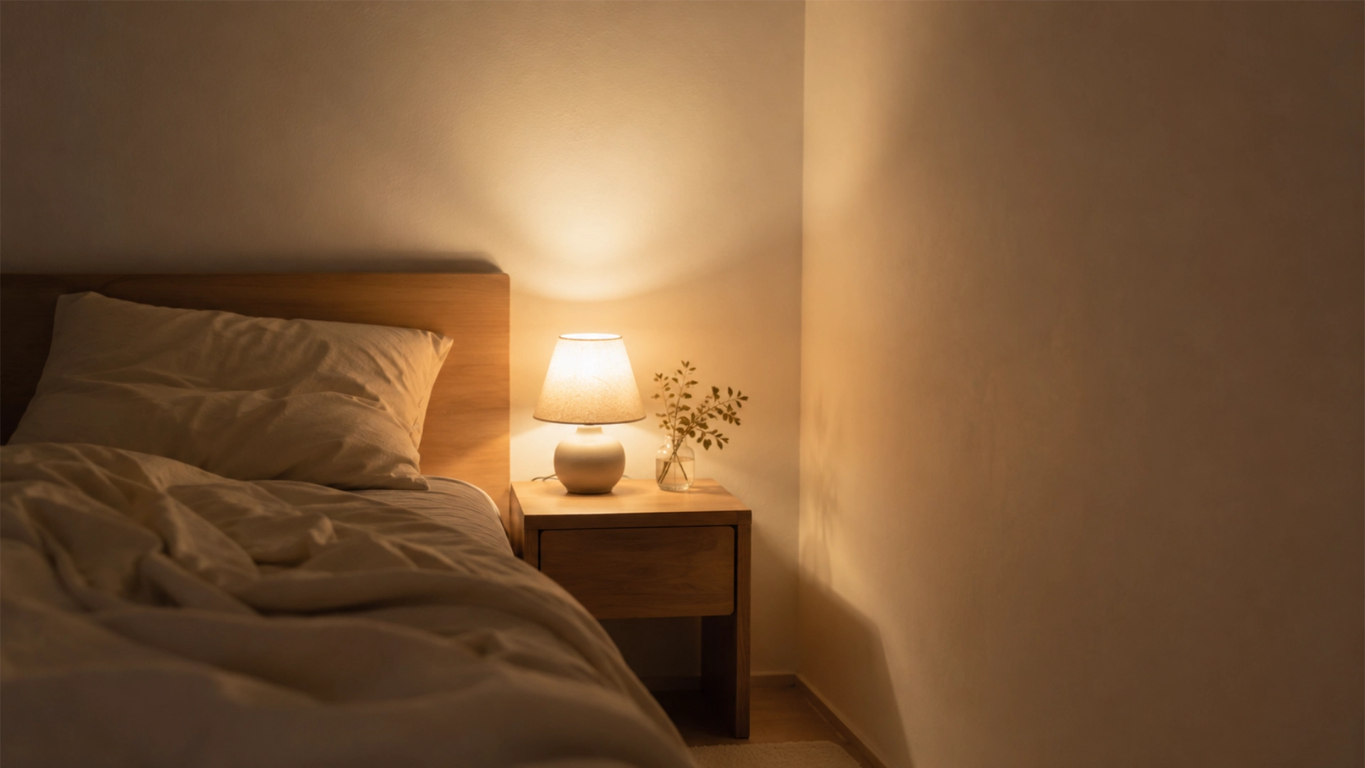 寝る前に不安が強くなる夜の心を表した、小さな灯りと生成りの寝具がある静かな寝室