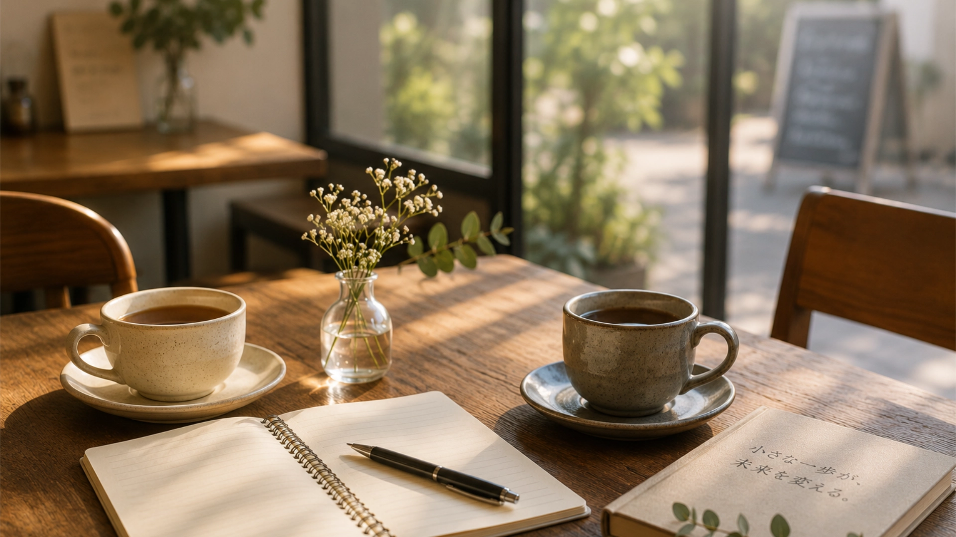 カフェのテーブルに置かれた2つのカップとノート、誰かに悩みを話す雰囲気の静かな風景