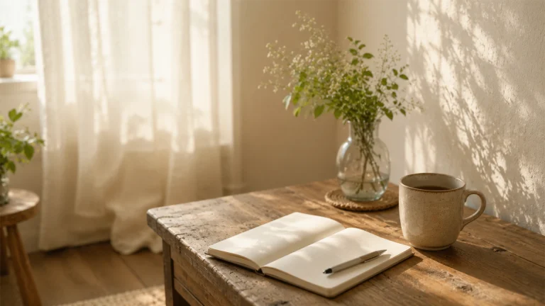 やわらかな光が差し込む静かな部屋で、木の机の上に開いたノート、ペン、マグカップ、植物が置かれている写真風の画像。