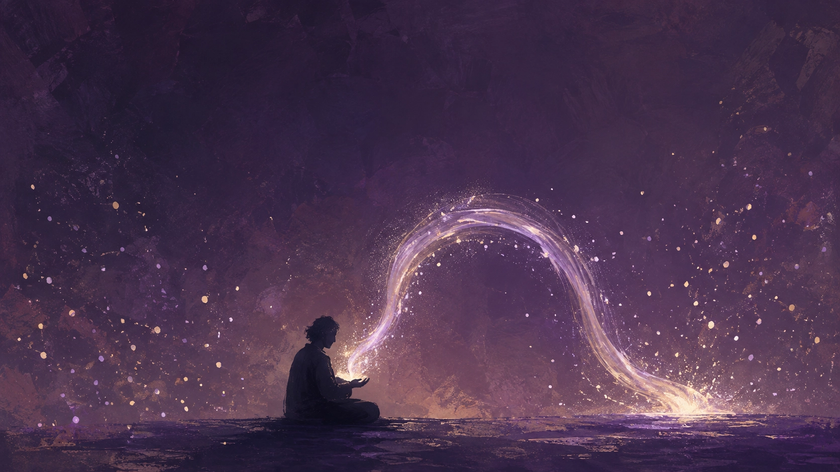 手のひらから立ち上る、始まりと終わりを持つ一本の光の弧と、形を持たない散らばった光の粒
