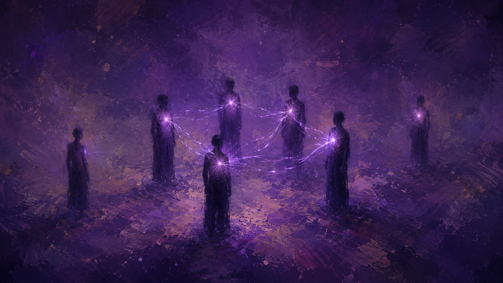 近くにいる人影同士の鼓動だけが、光の糸でつながり同期する構図