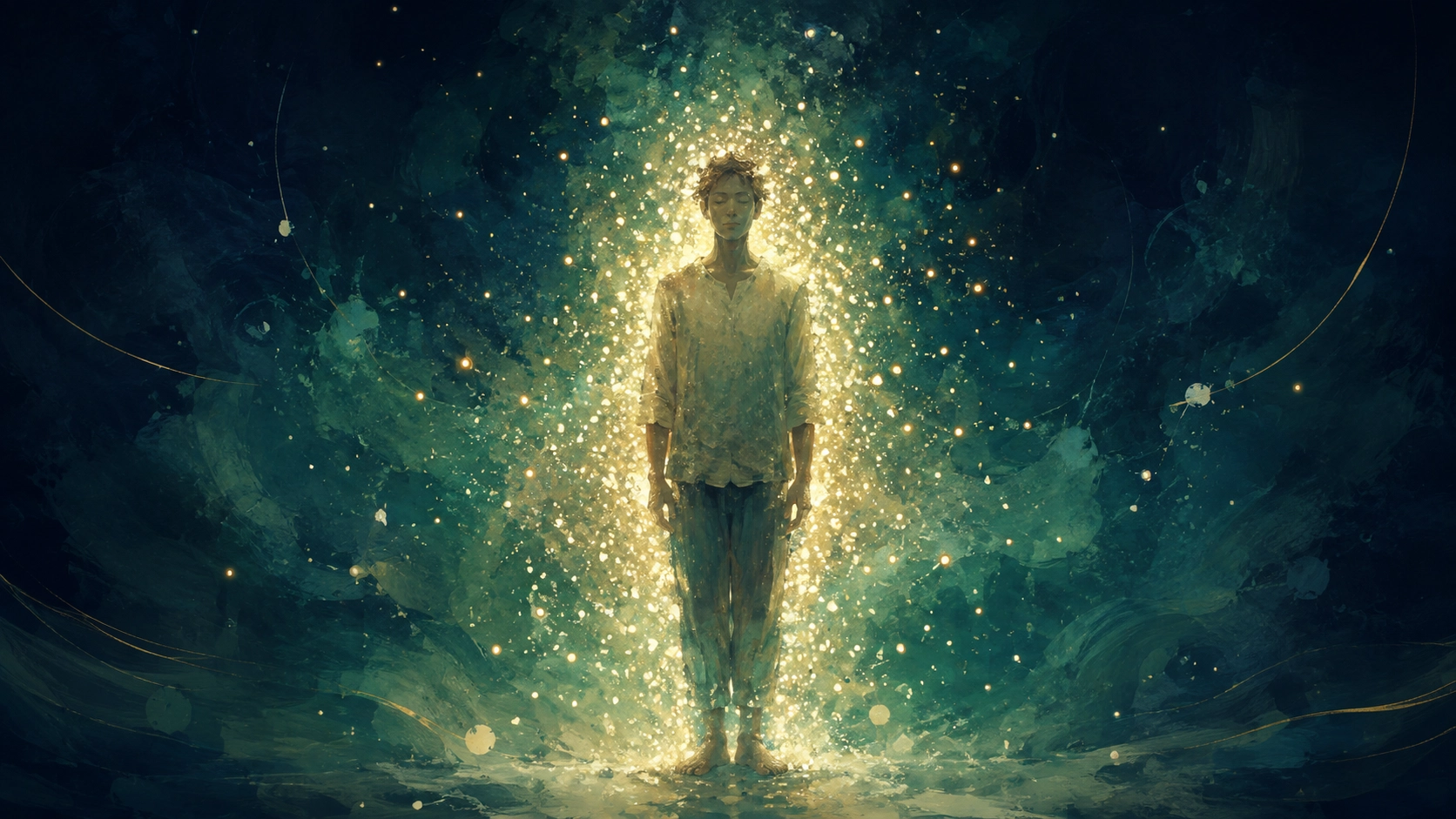 人物のシルエットを取り巻く光の粒が多いほど輪郭が明るく輝く様子を通じて、忙しさが評価や称賛の対象になる様子を象徴的に表現したイメージ