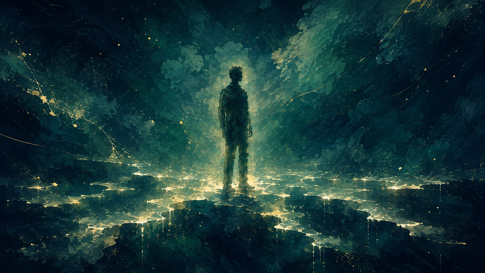 人物の足元で揺らぎ途切れる薄い光の地面を通じて、心の働きを支える土台そのものが不安定である様子を象徴的に表現したイメージ