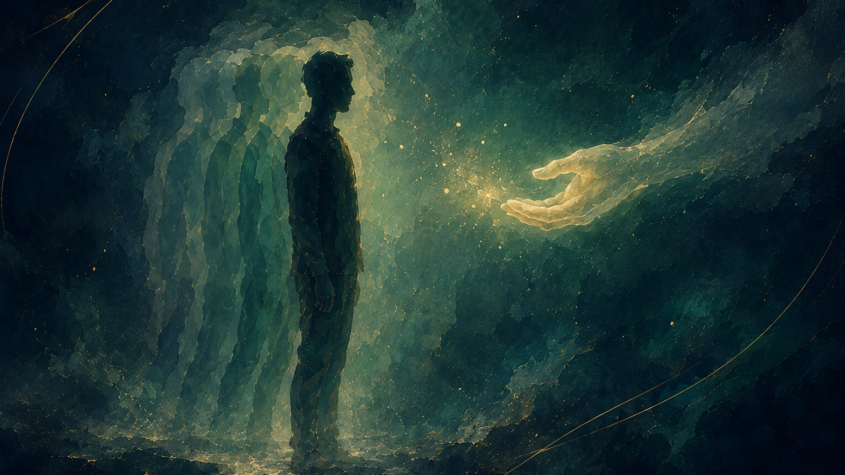 人物に寄り添うように近づきながらも触れる直前で止まる手を通じて、理解することと無条件に許すことの違いを象徴的に表現したイメージ