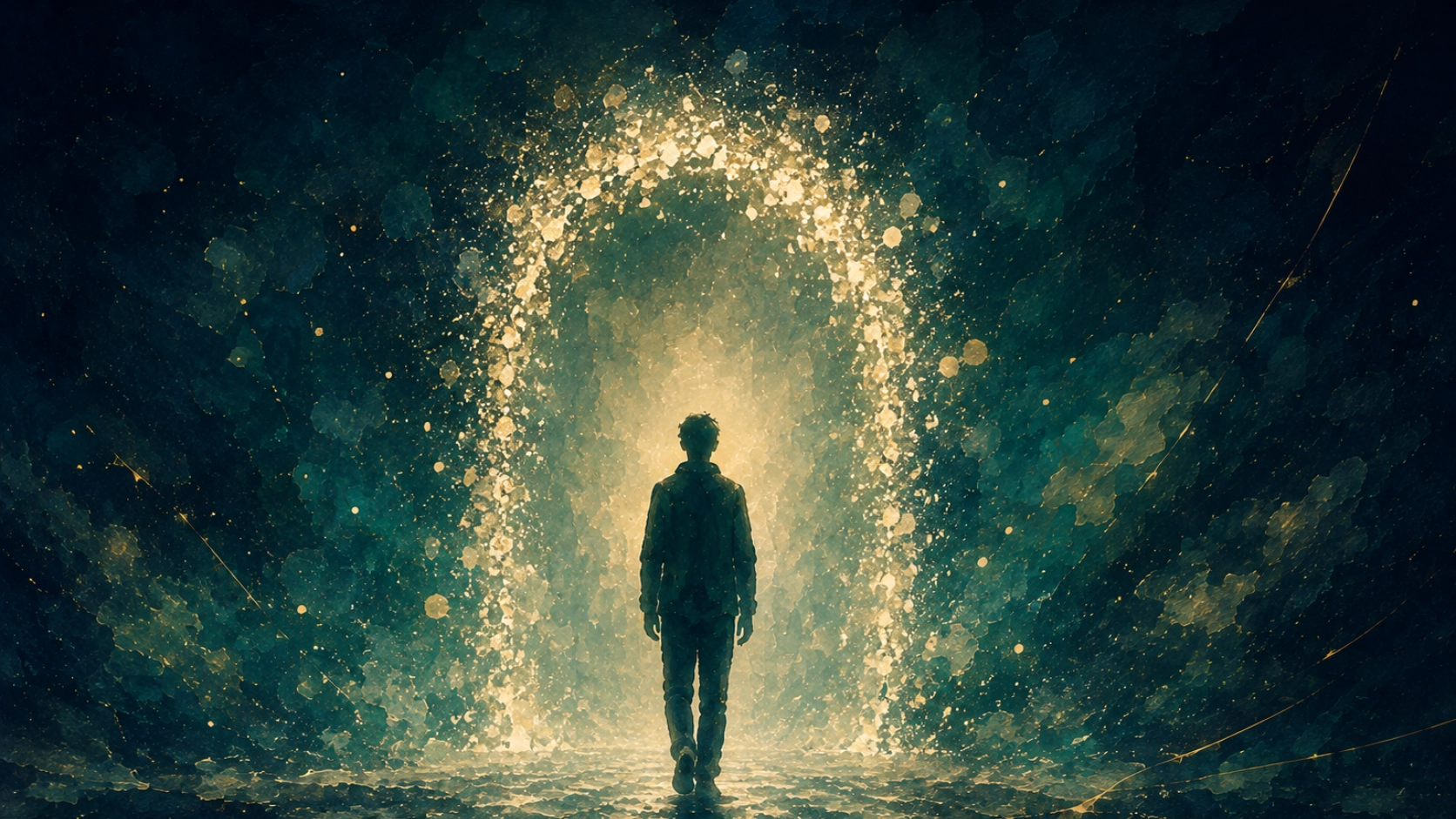 光の粒子が緩やかに集まってできた門の手前に立つ人物のシルエットを通じて、理由を知ることが責める前に立ち止まる入口であることを象徴的に表現したイメージ