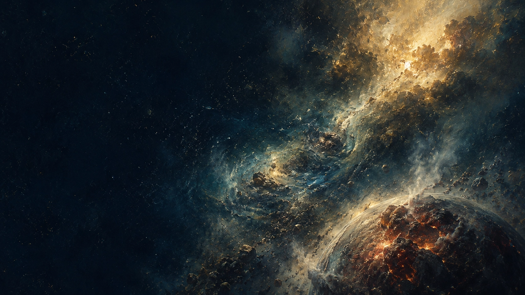 宇宙で生まれた物質が集まり、形成途中の若い地球へつながっていく様子を描いたコンセプトアート