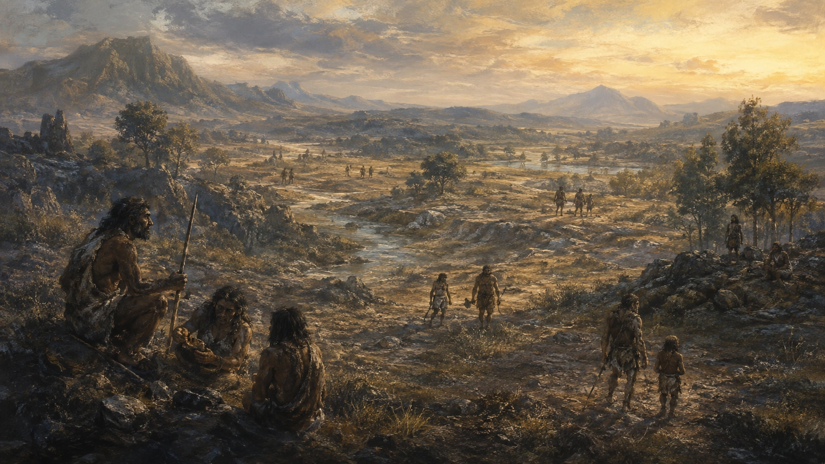 更新世の広大な風景の中で、姿の異なる複数の古人類集団が同じ時代の地球をそれぞれ生きている様子を描いた絵画的なイメージ